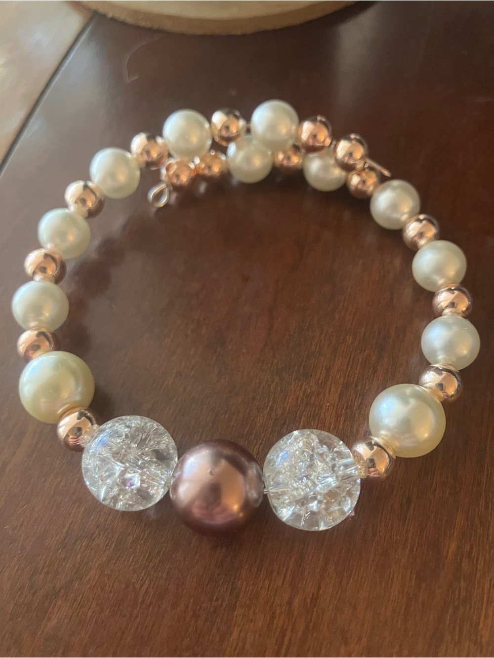 Vintage faux Pearl and Rose Gold Bead Bracelet with Clear Crystal Accents